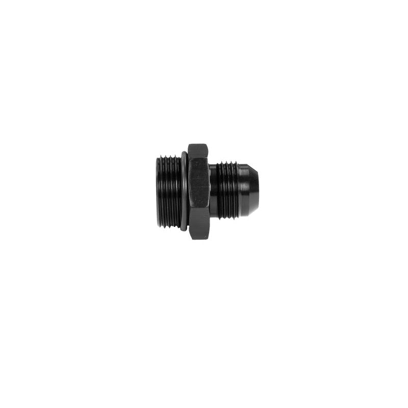 Aeromotive 15722 black anodized aluminum adapter fitting featuring AN-16 ORB to AN-12 Flare threads.