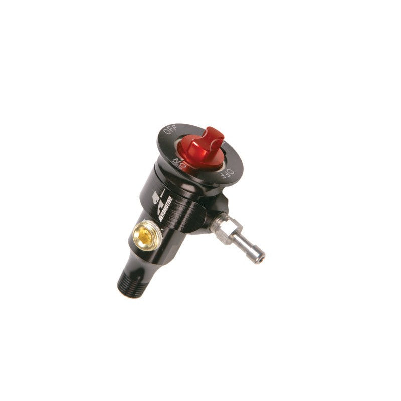 Aeromotive 15631 billet fuel sample valve featuring 360-degree rotating stainless barb and 1/8-inch NPT mounting.
