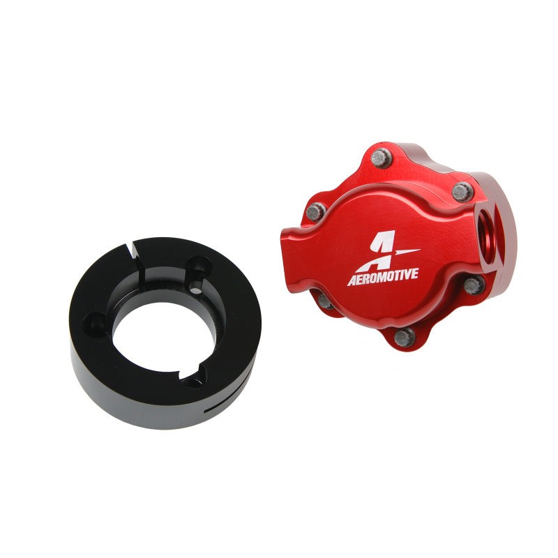 Aeromotive CNC-machined billet aluminum hex drive fuel pump with red anodized mounting collar and ORB-10 ports.