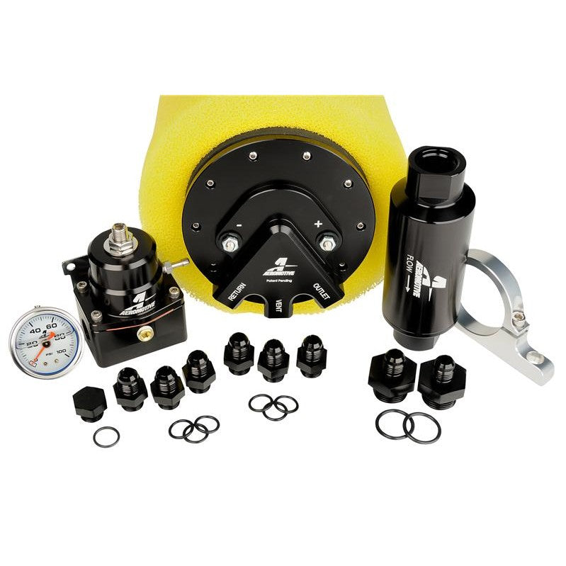 Aeromotive Phantom Dual 340 fuel pump system 18309 featuring black anodized top hat and 6-10 inch baffled reservoir.