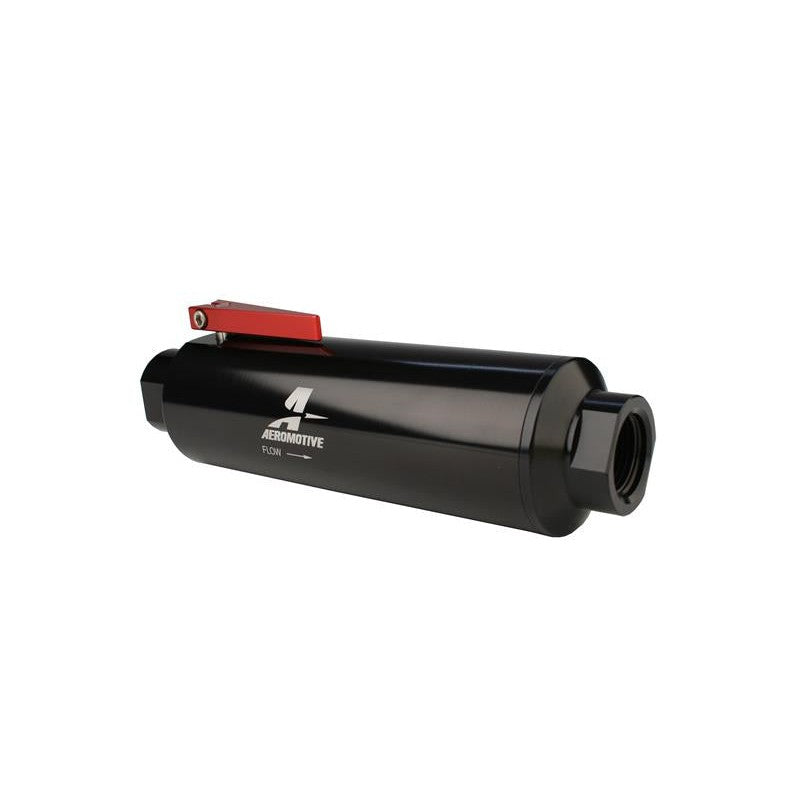 Aeromotive black anodized fuel filter with red billet aluminum shutoff valve handle and ORB-12 ports