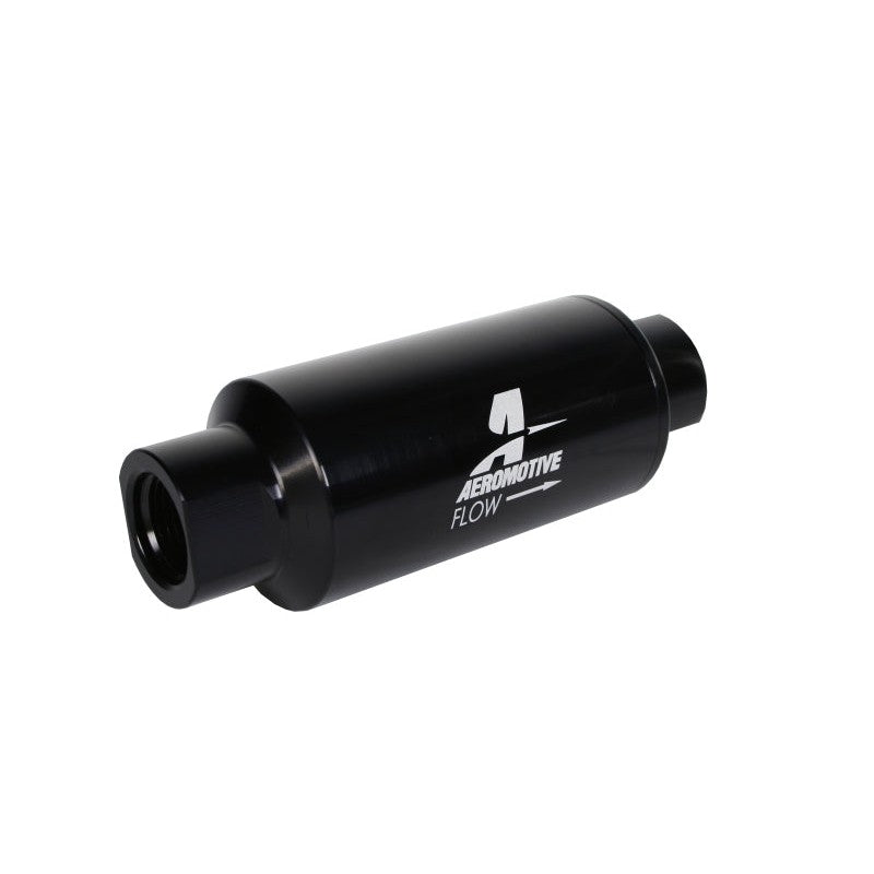 Aeromotive bright-dip black 2-inch OD in-line fuel filter with 10AN fittings and 10-micron microglass element.