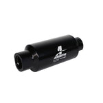 Aeromotive bright-dip black 2-inch OD in-line fuel filter with 10AN fittings and 10-micron microglass element.