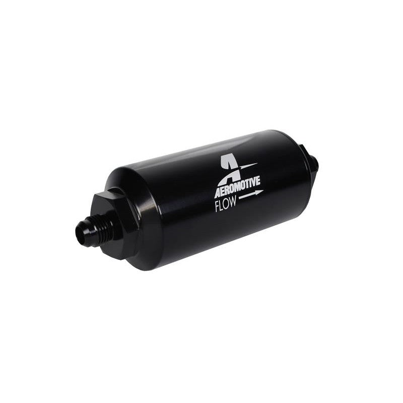 Black anodized Aeromotive 12349 in-line fuel filter with AN-06 male fittings and 100-micron stainless steel element