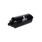 Black anodized Aeromotive 12349 in-line fuel filter with AN-06 male fittings and 100-micron stainless steel element