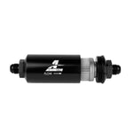 Black anodized Aeromotive in-line fuel filter with AN-08 male ends and 100 micron stainless steel element.