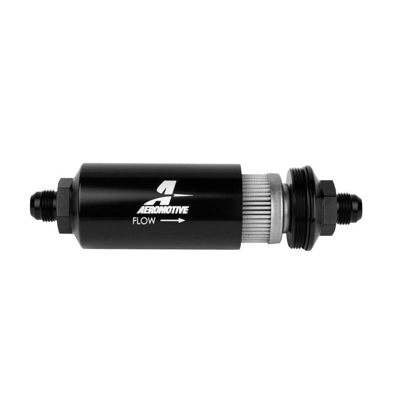 Black anodized Aeromotive in-line fuel filter with AN-08 male ends and 100 micron stainless steel element.