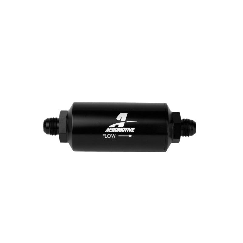 Black anodized Aeromotive in-line fuel filter with AN-08 male fittings and CNC-machined aluminum body.