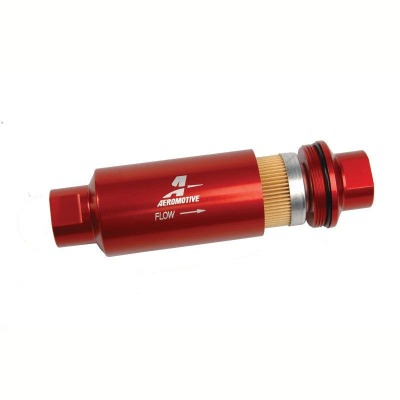Red anodized Aeromotive 12301 in-line fuel filter housing with ORB-10 ports and 10-micron fabric element