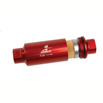 Red anodized Aeromotive 12301 in-line fuel filter housing with ORB-10 ports and 10-micron fabric element