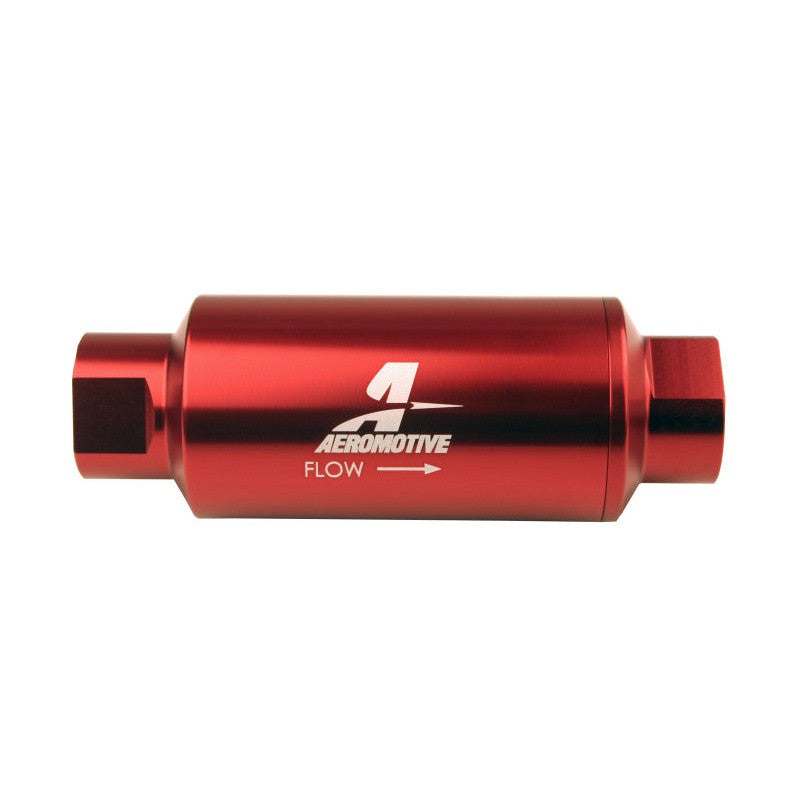 Red anodized Aeromotive 12340 in-line fuel filter with AN-10 ports and 10 micron microglass element.