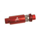 Red anodized Aeromotive 12304 in-line fuel filter with 100-micron stainless steel mesh element and ORB-10 ports.