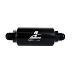Aeromotive 12389 black anodized AN-10 in-line fuel filter with stainless steel 100-micron element.