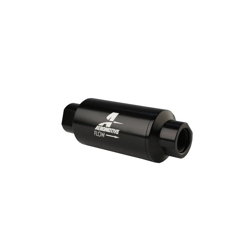 Aeromotive 12321 black anodized aluminum in-line fuel filter with AN-10 ports and 10 micron element.