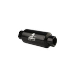 Aeromotive 12321 black anodized aluminum in-line fuel filter with AN-10 ports and 10 micron element.