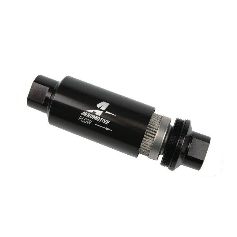 Aeromotive 12324 black anodized aluminum in-line fuel filter with ORB-10 ports and 100 micron stainless steel element.