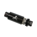 Aeromotive 12324 black anodized aluminum in-line fuel filter with ORB-10 ports and 100 micron stainless steel element.