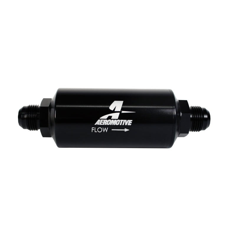 Aeromotive 12385 black anodized aluminum in-line fuel filter with AN-10 male fittings