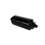 Black anodized Aeromotive in-line fuel filter with AN-6 male flare fittings and CNC-machined 6061-T6 housing.