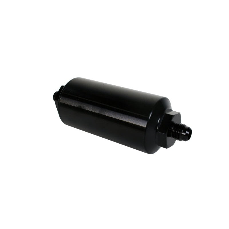 Black anodized Aeromotive in-line fuel filter with AN-6 male flare fittings and CNC-machined 6061-T6 housing.