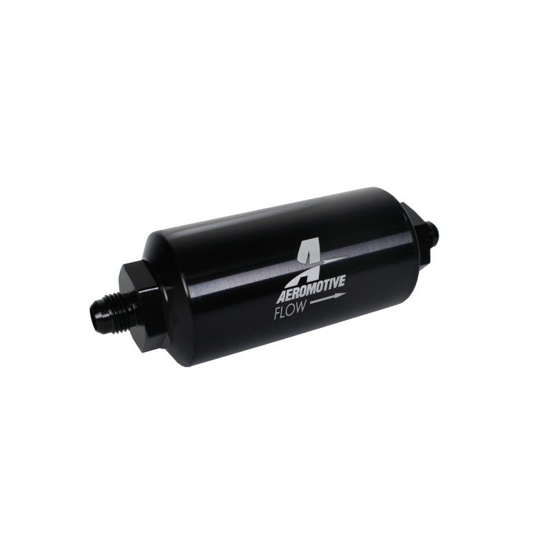 Aeromotive 12348 black anodized aluminum in-line fuel filter with AN-6 male fittings and stainless steel mesh element.