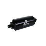 Aeromotive 12348 black anodized aluminum in-line fuel filter with AN-6 male fittings and stainless steel mesh element.