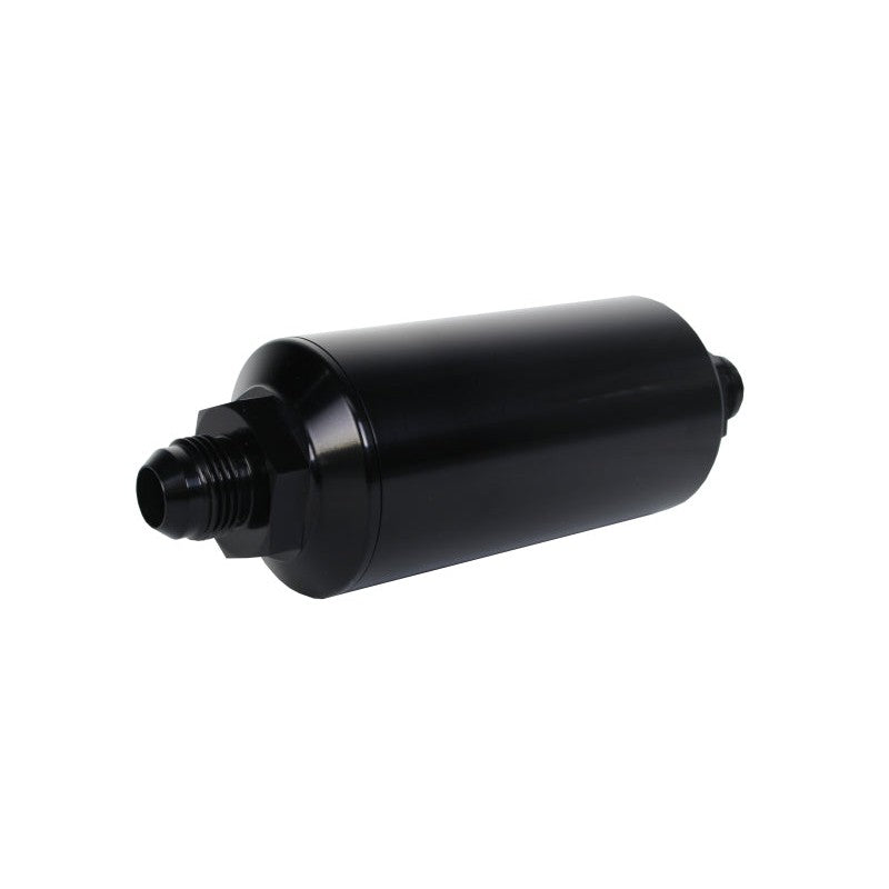 Aeromotive 12378 AN-08 male in-line fuel filter in bright dip black anodized aluminum with 40 micron element.