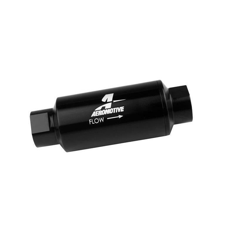 Aeromotive 12330 in-line fuel filter with bright-dip black finish, stainless mesh element, and ORB-10 ports.