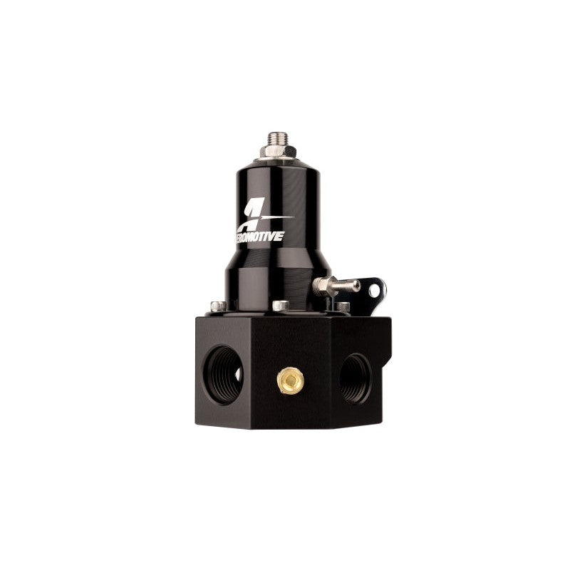 Aeromotive 13110 Pro-Series EFI regulator with nickel-plated body, black anodized cap, and multiple ORB ports.