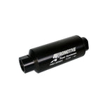Aeromotive 12302 Pro-Series in-line fuel filter with electroless nickel finish and AN-12 ORB ports.
