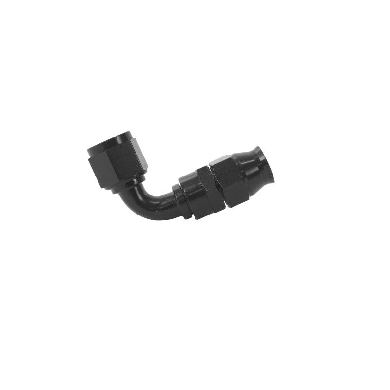 Aeromotive 90-degree -08 AN PTFE hose end fitting with a black anodized finish