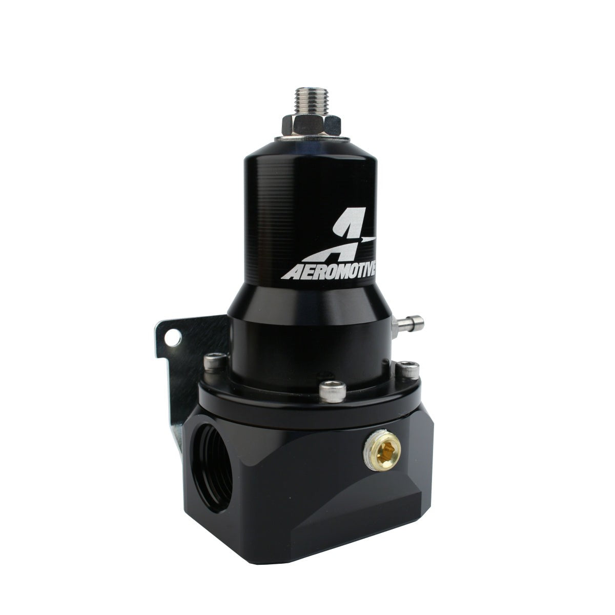 Aeromotive 13132 billet aluminum fuel pressure regulator showing dual AN-10 inlet ports and AN-10 bypass port.