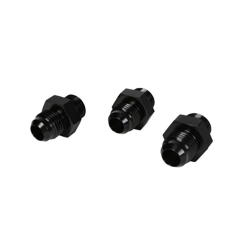 Three Aeromotive 15108 black anodized 6061 T6 aluminum ORB-06 to AN-06 male flare regulator fittings