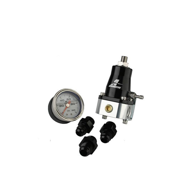Aeromotive 13130 A1000 EFI bypass fuel pressure regulator with black anodized adapter fittings.