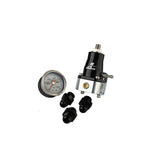 Aeromotive 13130 A1000 EFI bypass fuel pressure regulator with black anodized adapter fittings.