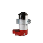 Aeromotive 11203 SS Series billet aluminum carbureted fuel pump showing 3/8-inch NPT ports and mounting bracket.