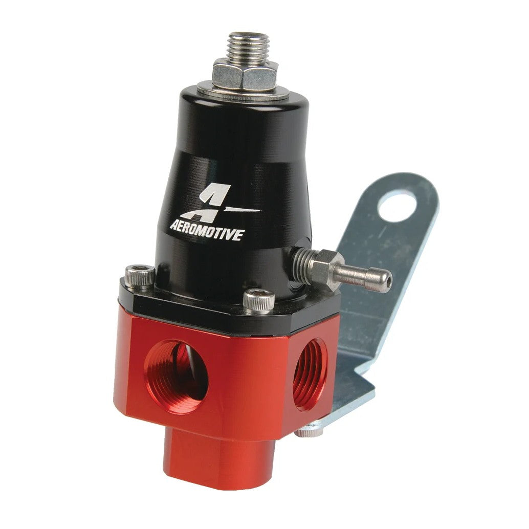 Aeromotive 13301 silver bypass fuel pressure regulator with 3/8 inch NPT ports and boost reference nipple