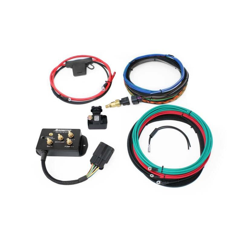 Aeromotive VaporWorx dual fuel pump PWM returnless controller module 66138 with wiring harness and mounting hardware.