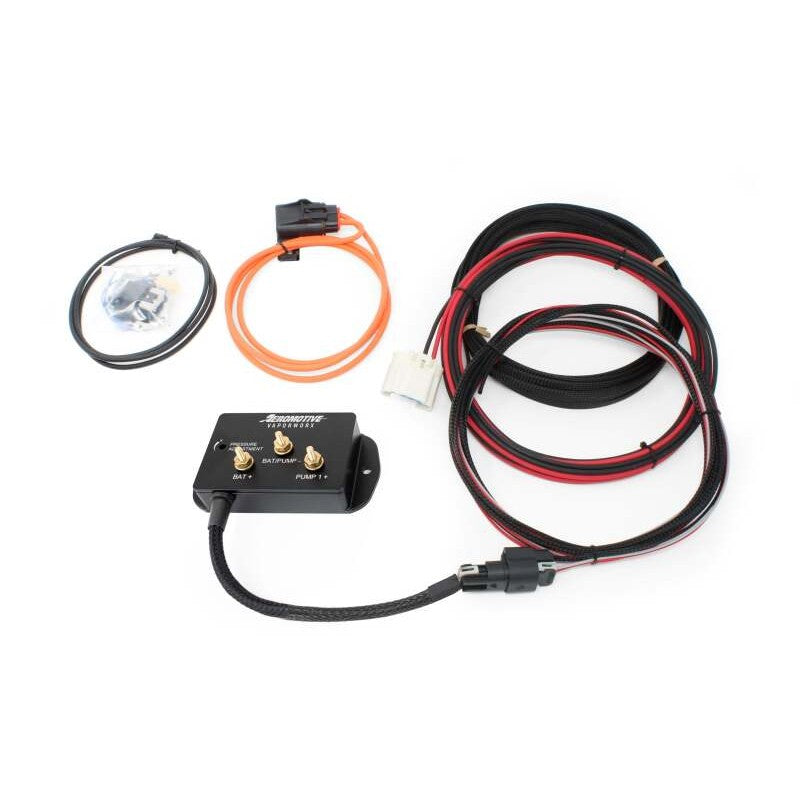 Aeromotive VaporWorx DualX PWM fuel module controller unit with integrated wiring harness and connectors.