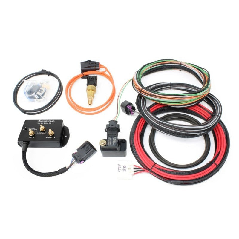 Aeromotive VaporWorx PWM Fuel Module Controller with wiring harness and pressure sensor for Ford Coyote engines.