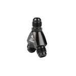 Aeromotive aluminum Y-block fitting with one -6 AN inlet and two -6 AN outlet ports.