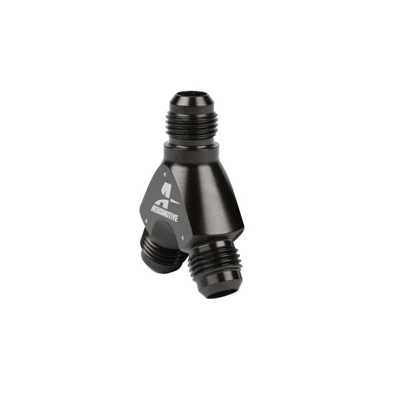 Aeromotive aluminum Y-block fitting with one -6 AN inlet and two -6 AN outlet ports.