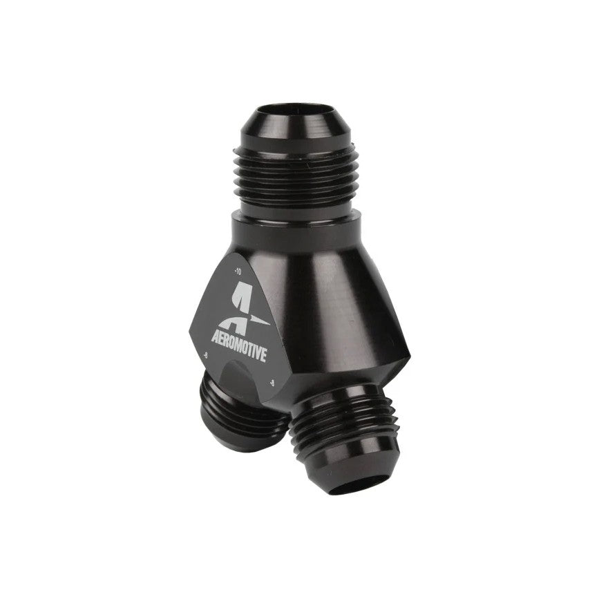 Aeromotive 15675 fuel Y-block adapter featuring one AN-10 inlet and two AN-08 outlet ports