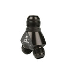 Black anodized Aeromotive 15678 aluminum fuel distribution Y-block with one AN-12 and two AN-10 ports.