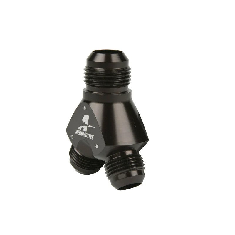 Black anodized Aeromotive 15678 aluminum fuel distribution Y-block with one AN-12 and two AN-10 ports.
