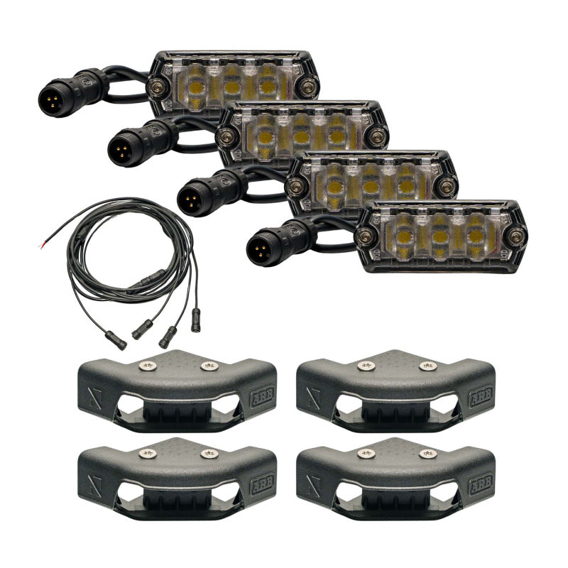 Nacho Nano ARB Base Rack 4-light corner cap kit showing four cast aluminum LED housings and wiring harness.