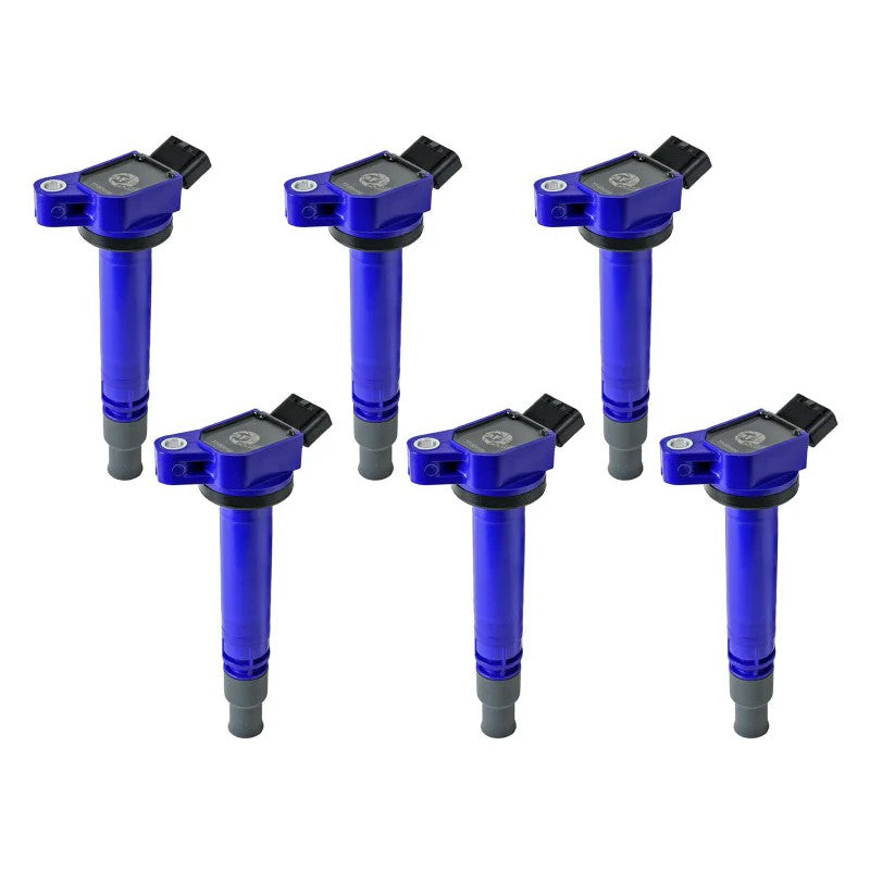 Set of six aFe POWER SCORCHER high-performance ignition coils with red housings and black boots for Toyota and Lexus