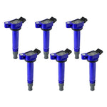 Set of six aFe POWER SCORCHER high-performance ignition coils with red housings and black boots for Toyota and Lexus