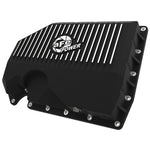 aFe POWER Street Series black powder-coated cast aluminum engine oil pan with machined cooling fins and magnetic drain plug.