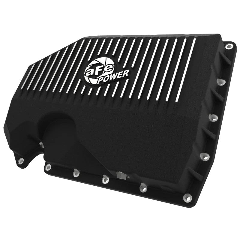 aFe POWER Street Series black powder-coated cast aluminum engine oil pan with machined cooling fins and magnetic drain plug.